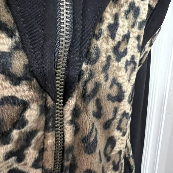 Vintage 80's Black Stretchy Furry Trimmed Leopard Print Bodycon Jumpsuit USA S ? - Picture 4 of 7